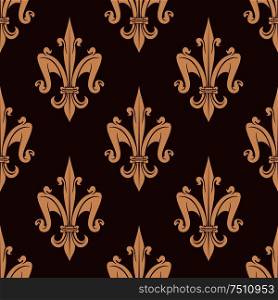 Medieval royal fleur-de-lis seamless pattern with french beige floral ornament over dark brown background. Luxury wallpaper, tile, interior or textile design usage