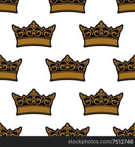 Medieval royal golden crowns seamless pattern, adorned by floral elements on white background. For heraldry theme design. Royal golden crowns seamless pattern