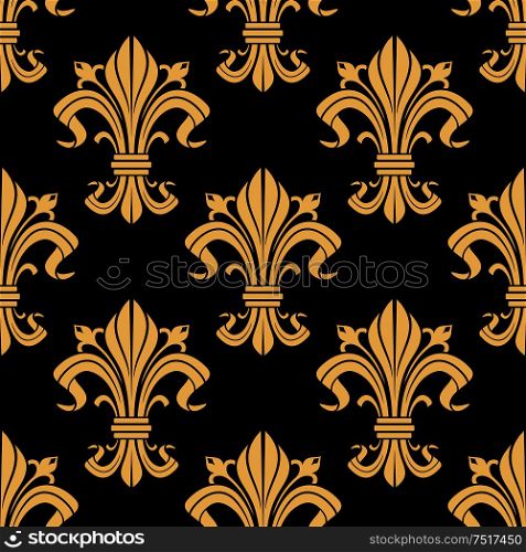 Medieval royal golden fleur-de-lis pattern on black background with seamless french heraldic ornament of victorian floral compositions. Use as vintage interior design or monarchy concept. Royal golden fleur-de-lis seamless pattern