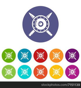 Medieval shield and swords icons color set vector for any web design on white background. Medieval shield and swords icons set vector color