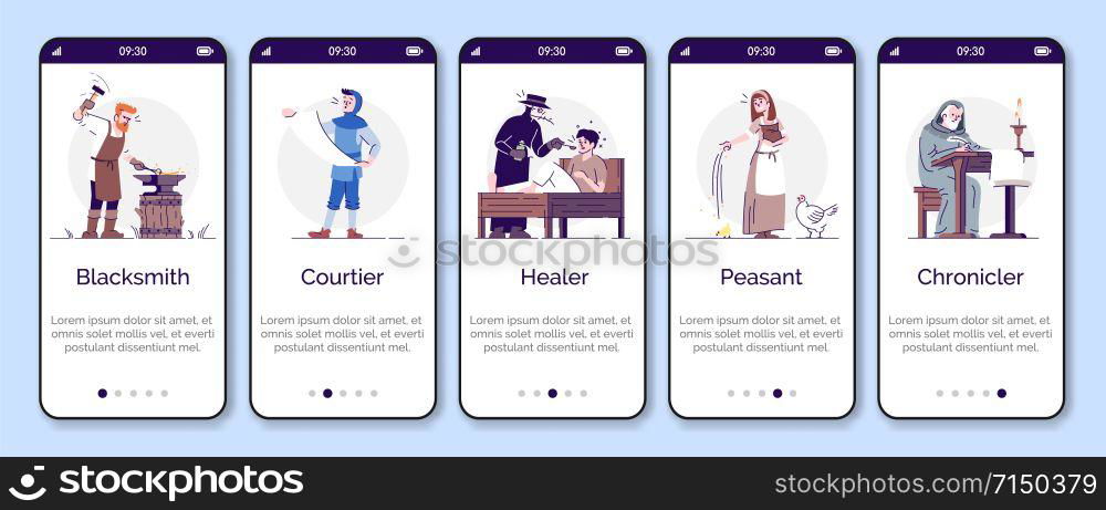Medieval social groups onboarding mobile app page screen vector template. Walkthrough website steps with flat characters. Middle Age personages. UX, UI, GUI smartphone cartoon interface concept