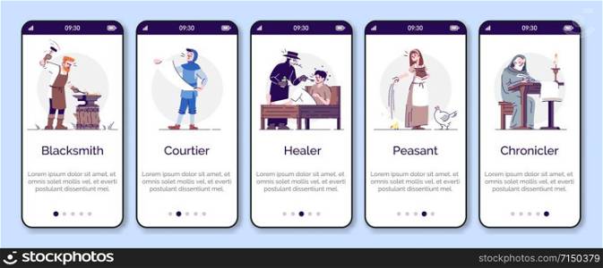 Medieval social groups onboarding mobile app page screen vector template. Walkthrough website steps with flat characters. Middle Age personages. UX, UI, GUI smartphone cartoon interface concept