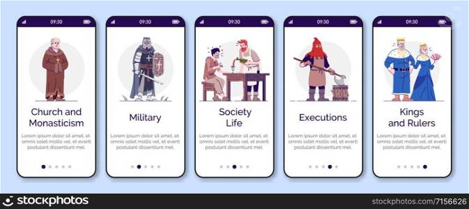 Medieval social structure onboarding mobile app page screen vector template. Walkthrough website steps with flat characters. Middle Age personages. UX, UI, GUI smartphone cartoon interface concept