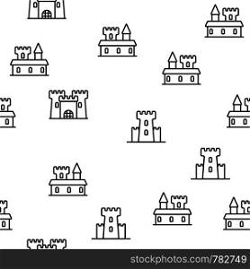 Medieval Stone Castle Seamless Pattern Vector. Collection Of Aged Castle Building With Tower And Metal Gate Monochrome Texture Icons. Historical Monument Template Flat Illustration. Medieval Stone Castle Seamless Pattern Vector