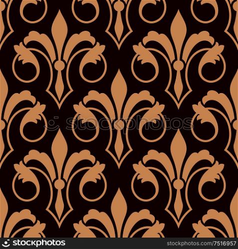 Medieval stylized floral compositions of royal french fleur-de-lis beige seamless pattern on maroon background. Monarchy heraldry, coat of arms backdrop or history theme design usage. Medieval floral seamless pattern of fleur-de-lis