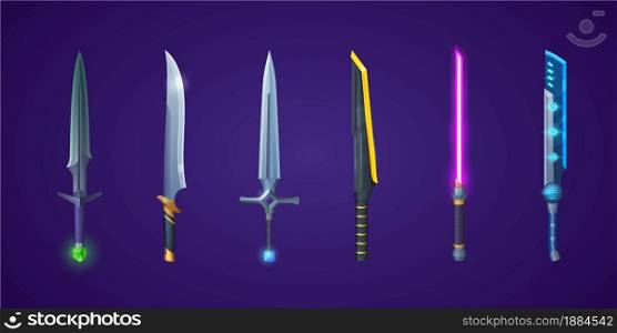 Medieval swords and futuristic laser weapons for game interface. Vector cartoon set of fantasy metal longswords and cosmic blades with neon light isolated on background. Medieval swords and futuristic laser weapons