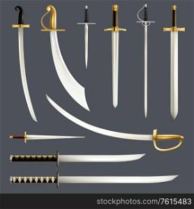 Medieval swords blades shapes edges curvatures varieties knife dagger weapon set honor authority symbol realistic vector illustration