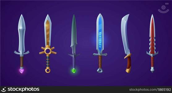 Medieval swords, weapons of knight, king or warrior with magic runes and gems in handle. Vector cartoon set of fantasy dagger, knife and longsword for game interface. Medieval swords, weapons of knight or warrior