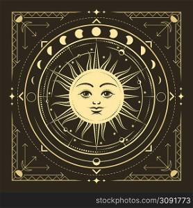 Medieval Symbol of Sun with Phases of Moon and Planents isolated on Black Background. Vector illustration.. Medieval Symbol of Sun with Phases of Moon and Planents on Black Background