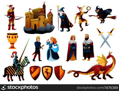 Medieval tale characters flat colorful set with castle fortress king queen dragon jester knight weapon vector illustration