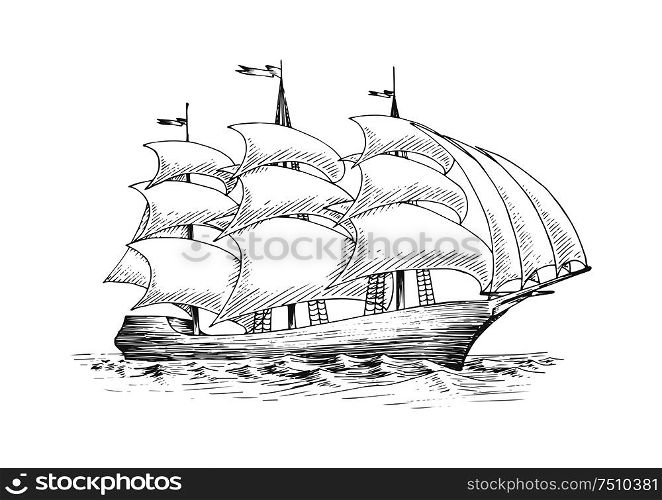 Medieval tall sailing ship on the ocean with full fluttering sails n the breeze, for nautical, adventure or journey theme. Sailing ship on the ocean with fluttering sails