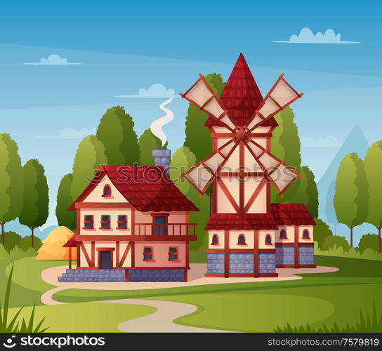 Medieval town cartoon background with mill house and road vector illustration