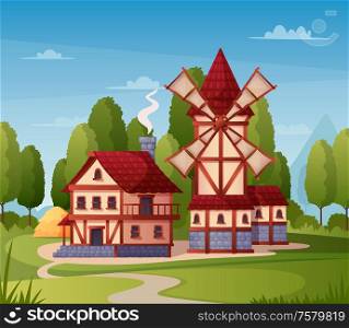 Medieval town cartoon background with mill house and road vector illustration