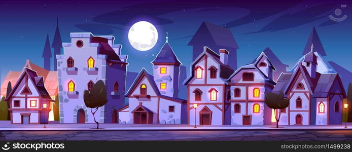 Medieval town street with old european buildings at night. Vector cartoon cityscape with vintage facade of houses with brick wall and wooden doors, trees, stone road and pavement in moon light. Medieval town street with old european buildings