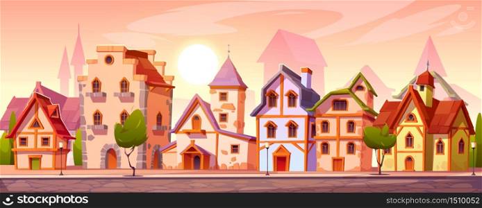 Medieval town street with old european buildings. Vector cartoon cityscape with vintage facade of houses with brick wall and wooden doors, trees, stone road and pavement. Medieval town street with old european buildings
