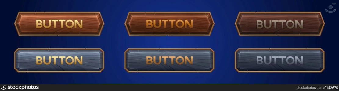 Medieval ui game wooden button with metal frame sprite for animation. Fantasy rpg title sign design on dark background. Isolated royal interface banner element assets. Ancient scratched wood bar icon. Medieval ui game button frame sprite for animation