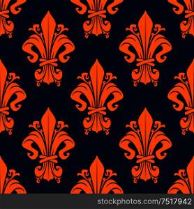 Medieval victorian heraldic seamless background with orange fleur-de-lis floral pattern decorated by figured leaves over navy background. Use as upholstery fabric or vintage interior design. Medieval floral seamless pattern with fleur-de-lis