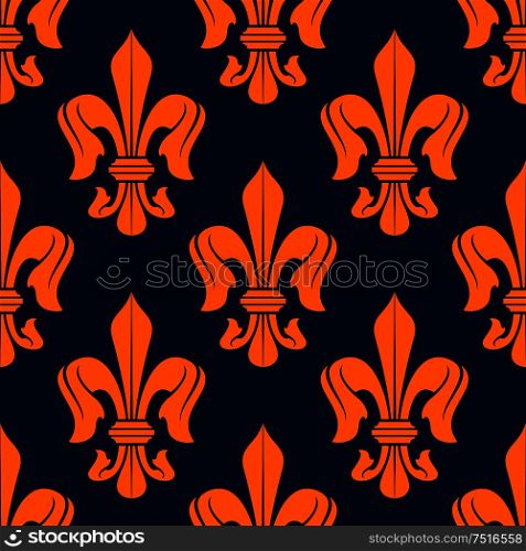 Medieval victorian royal lilies floral pattern with orange fleur-de-lis ornament over blue background. French heraldry theme or vintage interior design. Medieval royal fleur-de-lis floral pattern