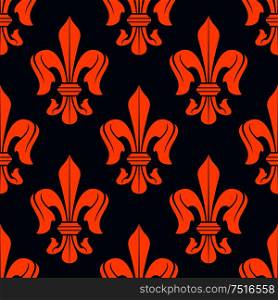 Medieval victorian royal lilies floral pattern with orange fleur-de-lis ornament over blue background. French heraldry theme or vintage interior design. Medieval royal fleur-de-lis floral pattern