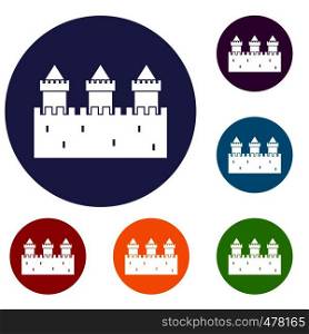 Medieval wall and towers icons set in flat circle red, blue and green color for web. Medieval wall and towers icons set