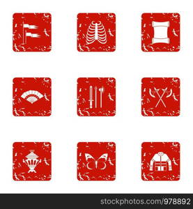 Medieval war icons set. Grunge set of 9 medieval war vector icons for web isolated on white background. Medieval war icons set, grunge style