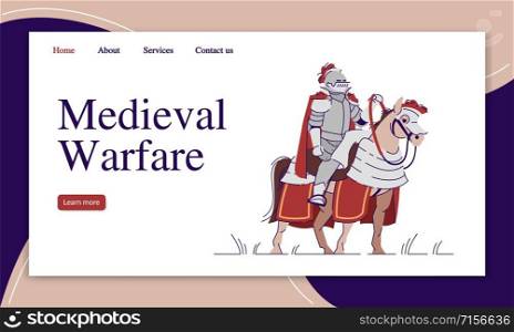 Medieval warfare landing page vector template. Military history website interface idea with flat illustrations. Knighthood homepage layout. Middle Ages web banner, webpage cartoon concept