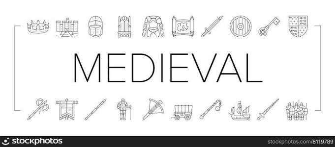 Medieval Warrior Weapon And Armor Icons Set Vector. Medieval Knight Sword And Ax, Helmet And Shield, Arrow And Crossbow, King Crown And Throne. Antique Kingdom Castle Black Contour Illustrations. Medieval Warrior Weapon And Armor Icons Set Vector