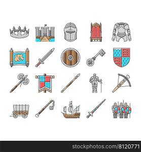 Medieval Warrior Weapon And Armor Icons Set Vector. Medieval Knight Sword And Ax, Helmet And Shield, Arrow And Crossbow, King Crown And Throne. Antique Kingdom Castle Color Illustrations. Medieval Warrior Weapon And Armor Icons Set Vector