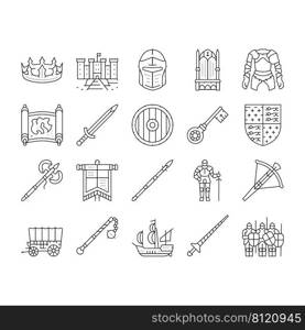 Medieval Warrior Weapon And Armor Icons Set Vector. Medieval Knight Sword And Ax, Helmet And Shield, Arrow And Crossbow, King Crown And Throne. Antique Kingdom Castle Black Contour Illustrations. Medieval Warrior Weapon And Armor Icons Set Vector