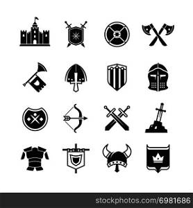 Medieval warriors shield and sword vector icons. Ancient knight symbols. Sword weapon and collection of history accessory illustration. Medieval warriors shield and sword vector icons. Ancient knight symbols