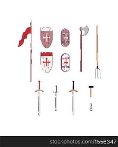 Medieval weapons and tools semi flat RGB color vector illustration set. Swords with heraldic shields. Smith hummer. Middle age instruments isolated cartoon object on white background collection. Medieval weapons and tools semi flat RGB color vector illustration set
