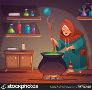 Medieval witch cartoon background with potion and ingredients in bottles vector illustration