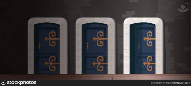 Medieval wooden doors in stone arch in in old house, castle or church. Vector cartoon illustration of ancient interior with brick wall and wood gates with golden handle and hinges. Medieval wooden doors in stone arch in castle