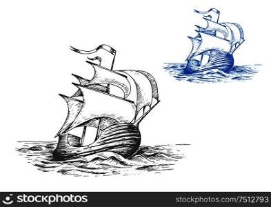 Medieval wooden tall ship under full sails doing turning maneuver in the stormy ocean, for marine adventure or travel design. Sketch style