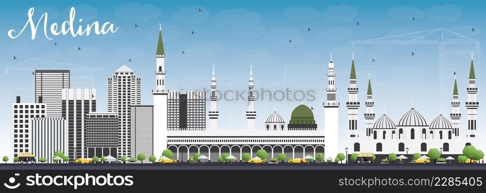 Medina Skyline with Gray Buildings and Blue Sky. Vector Illustration. Business Travel and Tourism Concept with Historic Buildings. Image for Presentation Banner Placard and Web Site.