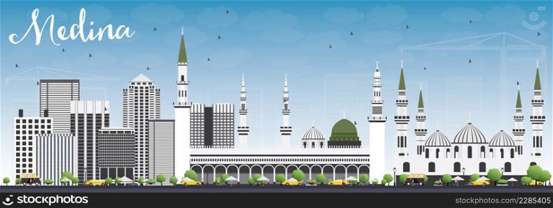 Medina Skyline with Gray Buildings and Blue Sky. Vector Illustration. Business Travel and Tourism Concept with Historic Buildings. Image for Presentation Banner Placard and Web Site.