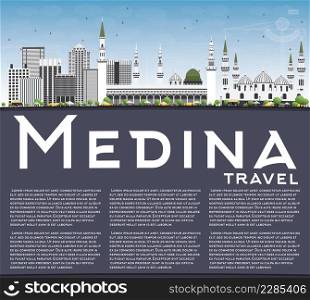Medina Skyline with Gray Buildings, Blue Sky and Copy Space. Vector Illustration. Business Travel and Tourism Concept with Historic Buildings. Image for Presentation Banner Placard and Web Site.