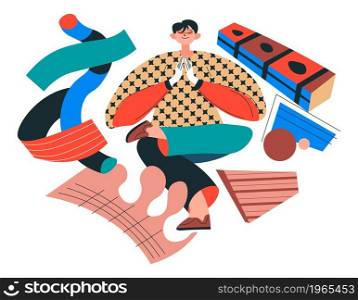 Meditating male character doing yoga asanas and poses for relaxation and rest. Abstract collage with shapeless forms and geometric shapes. Retro composition or logotype. Vector in flat style. Male character doing yoga asanas and meditating