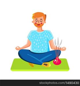 Meditating Man And Burning Aromatic Incense Vector. Character Boy With Closed Eyes Sitting On Yoga Mat Carpet In Lotus Position And Burn Incense. Spirutality Exercising Flat Cartoon Illustration. Meditating Man And Burning Aromatic Incense Vector