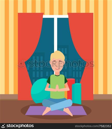 Meditating man sitting cross-legged on floor, training mat and ball. Room with panoramic window and wallpaper in stripes. Workout person indoor vector. Meditating Man Sitting Cross-Legged on Mat Vector