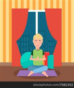 Meditating man sitting cross-legged on floor, training mat and ball. Room with panoramic window and wallpaper in stripes. Workout person indoor vector. Meditating Man Sitting Cross-Legged on Mat Vector