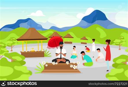 Meditating people flat vector illustration. Place of worship in mountains. Meditating pose. Indonesian religion. Buddhism. Men and women cartoon characters. Meditating people flat vector illustration