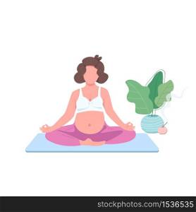 Meditating pregnant girl flat color vector faceless character. Expectant with belly in lotus pose. Prenatal yoga exercise isolated cartoon illustration for web graphic design and animation. Meditating pregnant girl flat color vector faceless character