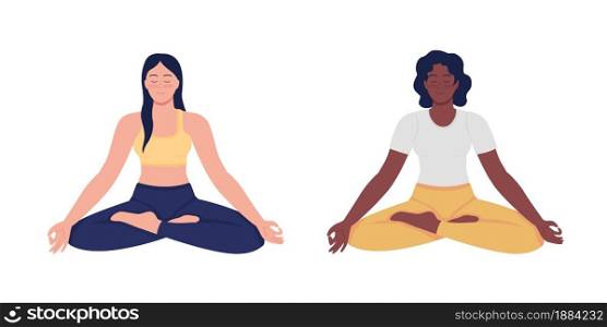Meditating woman semi flat color vector character set. Sitting figure. Full body person on white. Calm lady isolated modern cartoon style illustration for graphic design and animation pack. Meditating woman semi flat color vector character set