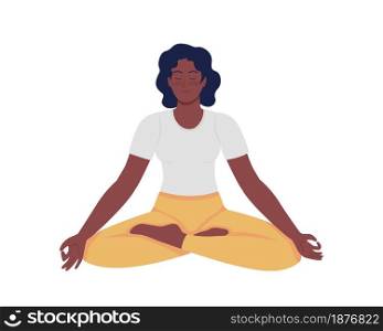 Meditating woman semi flat color vector character. Sitting figure. Full body person on white. Calm relaxed lady isolated modern cartoon style illustration for graphic design and animation. Meditating woman semi flat color vector character