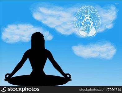 meditation. abstract homan silhouette and sky with brain