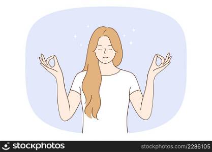 Meditation and getting harmony concept. Young relaxed woman with eyes closed standing meditating and getting balance with mind and body vector illustration . Meditation and getting harmony concept.