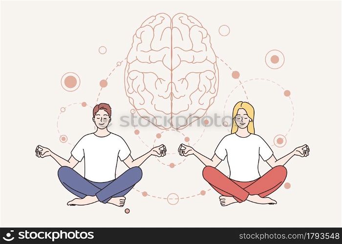 Meditation and mental health concept. Young smiling couple man and woman cartoon characters sitting meditation keeping mind in peace vector illustration . Meditation and mental health concept