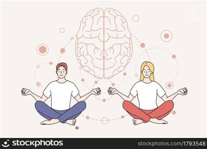 Meditation and mental health concept. Young smiling couple man and woman cartoon characters sitting meditation keeping mind in peace vector illustration . Meditation and mental health concept