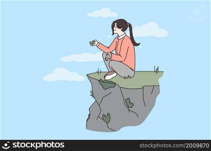 Meditation and travel vacations concept. Young smiling woman with eyes closed sitting on rock near abyss and feeling harmony meditating vector illustration . Meditation and travel vacations concept.